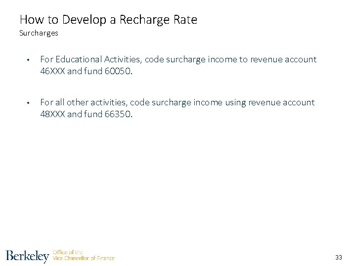 How to Develop a Recharge Rate Surcharges • For Educational Activities, code surcharge income