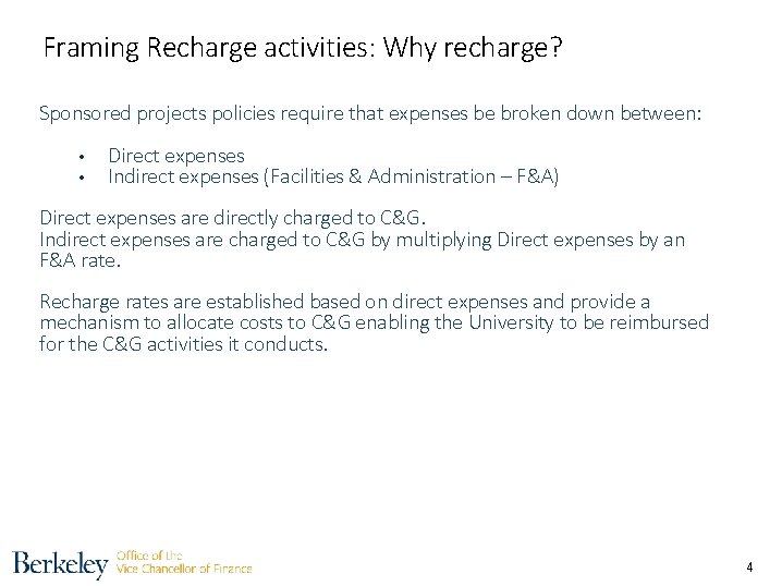 Framing Recharge activities: Why recharge? Sponsored projects policies require that expenses be broken down