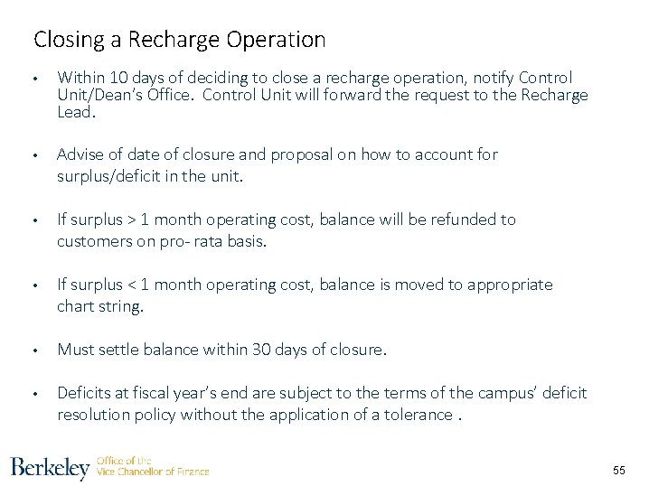 Closing a Recharge Operation • Within 10 days of deciding to close a recharge