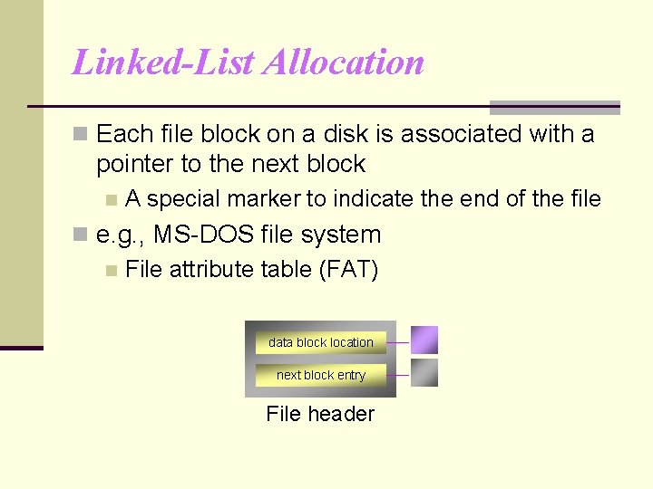 Linked-List Allocation n Each file block on a disk is associated with a pointer