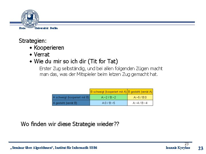 Freie Universität Berlin Strategien: • Kooperieren • Verrat • Wie du mir so ich