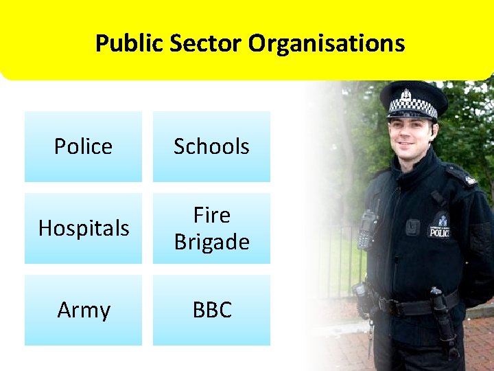 Public Sector Organisations Police Schools Hospitals Fire Brigade Army BBC 