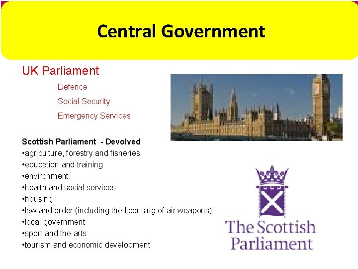 Central Government UK Parliament Defence Social Security Emergency Services Scottish Parliament - Devolved •