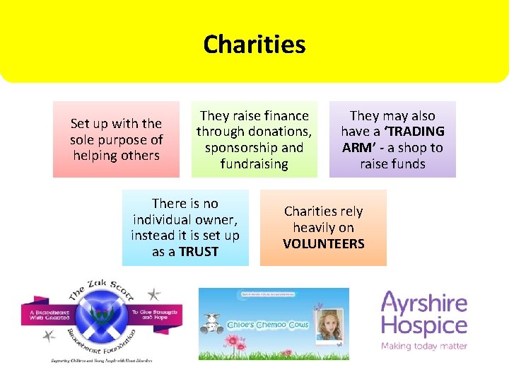 Charities Set up with the sole purpose of helping others They raise finance through