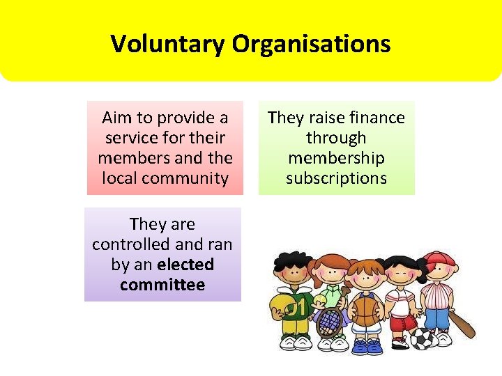Voluntary Organisations Aim to provide a service for their members and the local community