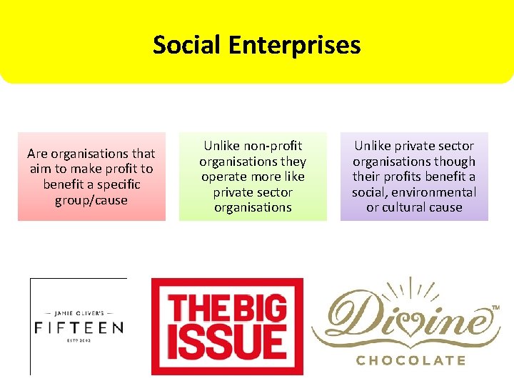 Social Enterprises Are organisations that aim to make profit to benefit a specific group/cause