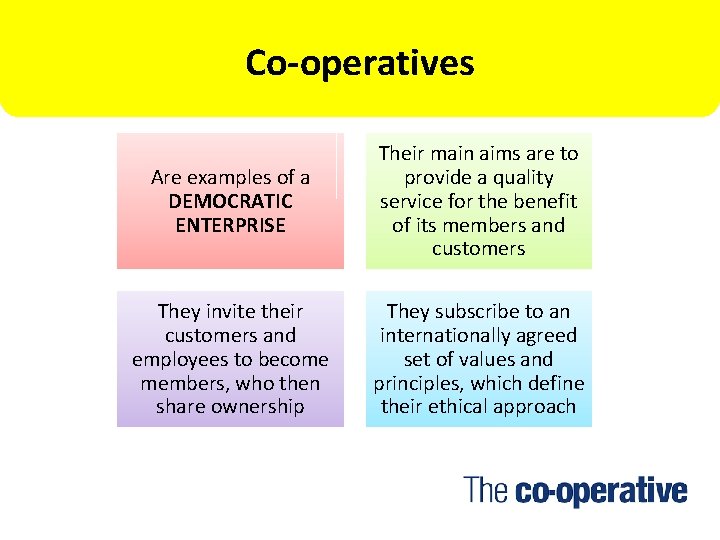 Co-operatives Are examples of a DEMOCRATIC ENTERPRISE Their main aims are to provide a