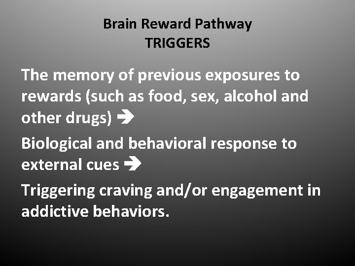 Brain Reward Pathway TRIGGERS The memory of previous exposures to rewards (such as food,