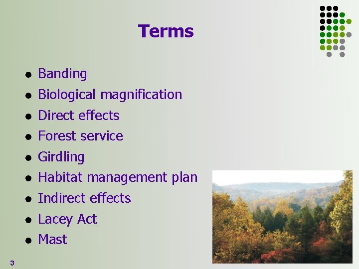 Terms l l l l l 3 Banding Biological magnification Direct effects Forest service