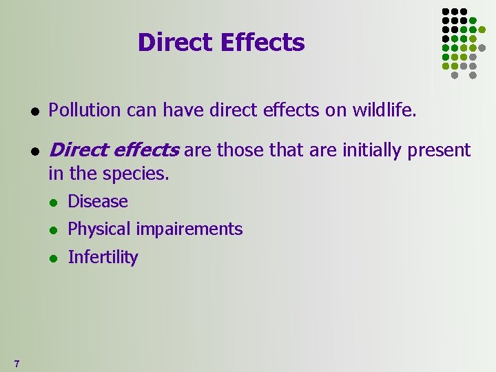 Direct Effects l Pollution can have direct effects on wildlife. l Direct effects are