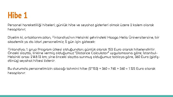 Hibe 1 Personel hareketliliği hibeleri; günlük hibe ve seyahat giderleri olmak üzere 2 kalem