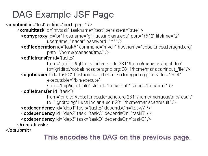 DAG Example JSF Page <o: submit id=”test” action=”next_page” /> <o: multitask id=”mytask” taskname=”test” persistent=”true”