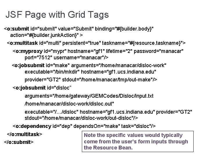 JSF Page with Grid Tags <o: submit id="submit" value="Submit" binding="#{builder. body}" action="#{builder. junk. Action}"