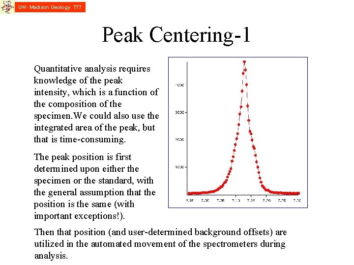 UW- Madison Geology 777 Peak Centering-1 Quantitative analysis requires knowledge of the peak intensity,