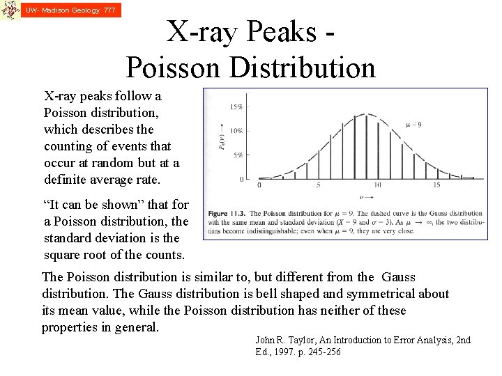 UW- Madison Geology 777 X-ray Peaks Poisson Distribution X-ray peaks follow a Poisson distribution,