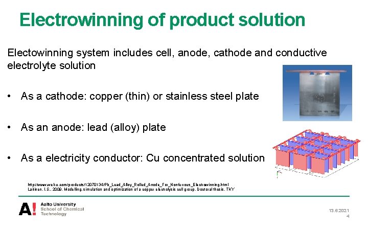Electrowinning of product solution Electowinning system includes cell, anode, cathode and conductive electrolyte solution