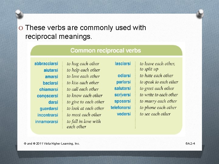O These verbs are commonly used with reciprocal meanings. © and ® 2011 Vista