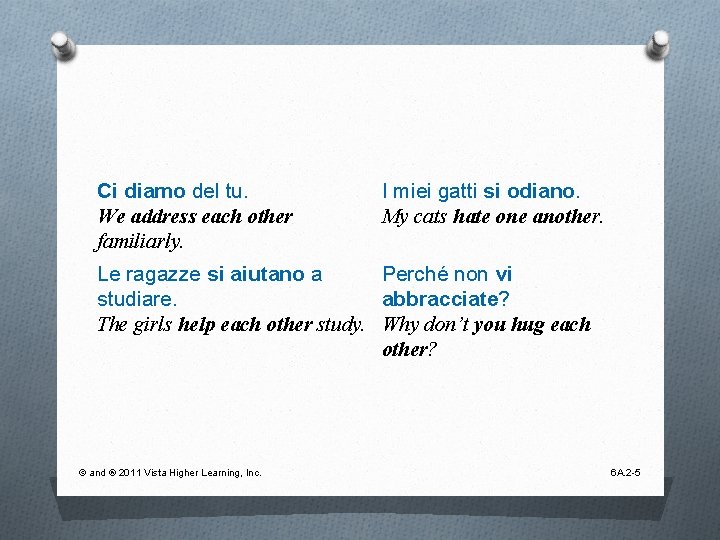 Ci diamo del tu. We address each other familiarly. I miei gatti si odiano.