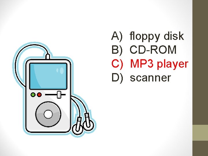 A) B) C) D) floppy disk CD-ROM MP 3 player scanner 