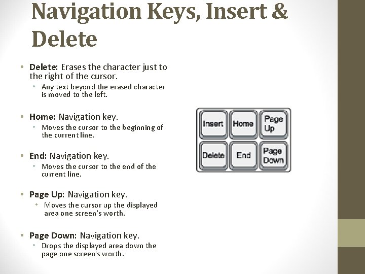 Navigation Keys, Insert & Delete • Delete: Erases the character just to the right
