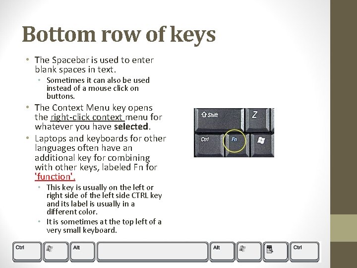 Bottom row of keys • The Spacebar is used to enter blank spaces in