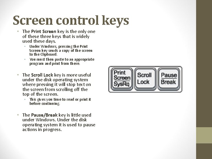Screen control keys • The Print Screen key is the only one of these