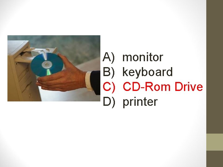 A) B) C) D) monitor keyboard CD-Rom Drive printer 
