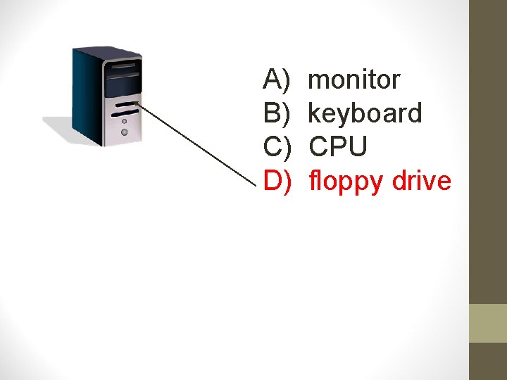 A) B) C) D) monitor keyboard CPU floppy drive 