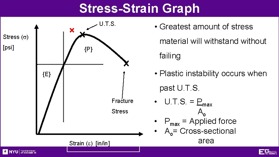 Stress-Strain Graph U. T. S. Stress (s) • Greatest amount of stress material will