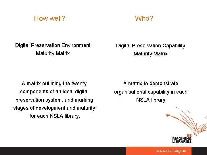 How well? Who? Digital Preservation Environment Digital Preservation Capability Maturity Matrix A matrix outlining