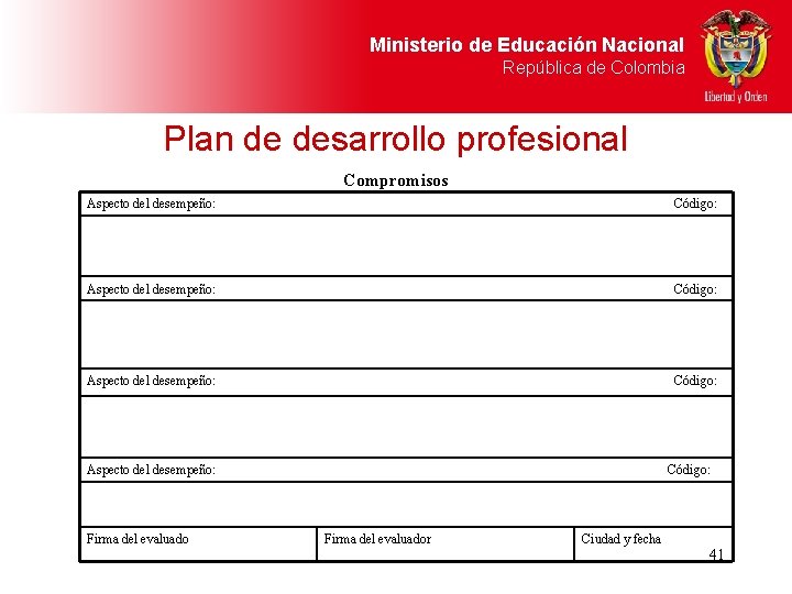 Ministerio de Educación Nacional República de Colombia Plan de desarrollo profesional Compromisos Aspecto del