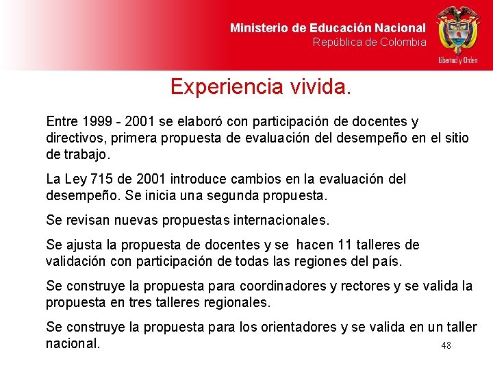 Ministerio de Educación Nacional República de Colombia Experiencia vivida. Entre 1999 - 2001 se