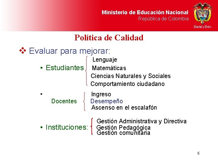 Ministerio de Educación Nacional República de Colombia Política de Calidad v Evaluar para mejorar: