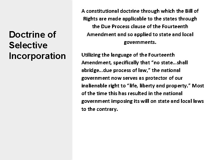 Doctrine of Selective Incorporation A constitutional doctrine through which the Bill of Rights are