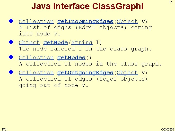11 Java Interface Class. Graph. I u Collection get. Incoming. Edges(Object v) A List