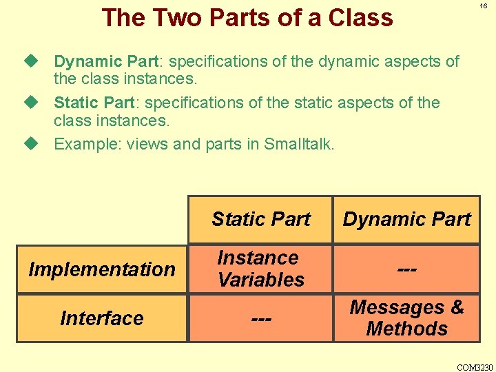 16 The Two Parts of a Class u Dynamic Part: specifications of the dynamic
