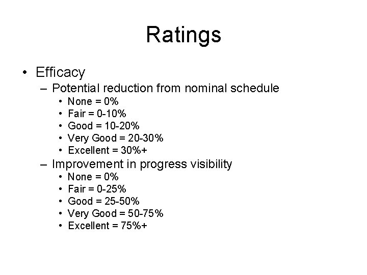 Ratings • Efficacy – Potential reduction from nominal schedule • • • None =