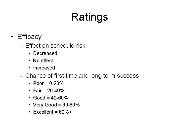 Ratings • Efficacy – Effect on schedule risk • Decreased • No effect •