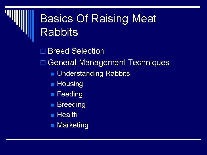 Basics Of Raising Meat Rabbits o Breed Selection o General Management Techniques n n