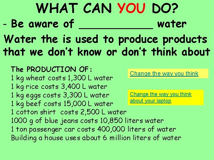 WHAT CAN YOU DO? - Be aware of ______ water Water the is used