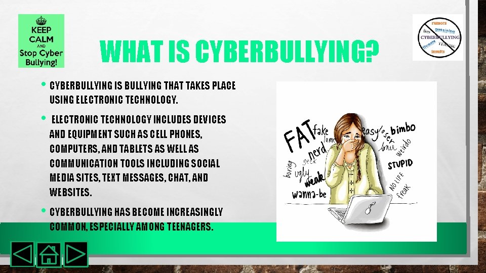 WHAT IS CYBERBULLYING? • CYBERBULLYING IS BULLYING THAT TAKES PLACE USING ELECTRONIC TECHNOLOGY. •