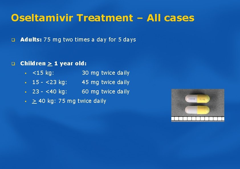 Oseltamivir Treatment – All cases q Adults: 75 mg two times a day for