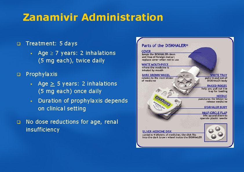 Zanamivir Administration q Treatment: 5 days § q q Age 7 years: 2 inhalations