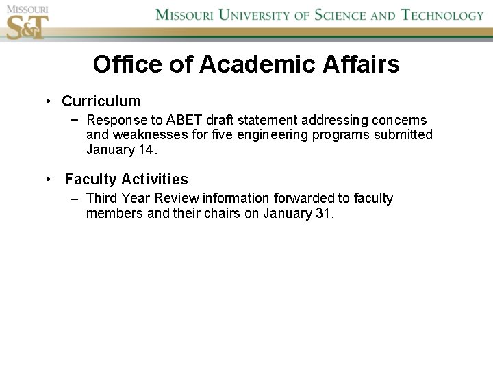 Office of Academic Affairs • Curriculum − Response to ABET draft statement addressing concerns