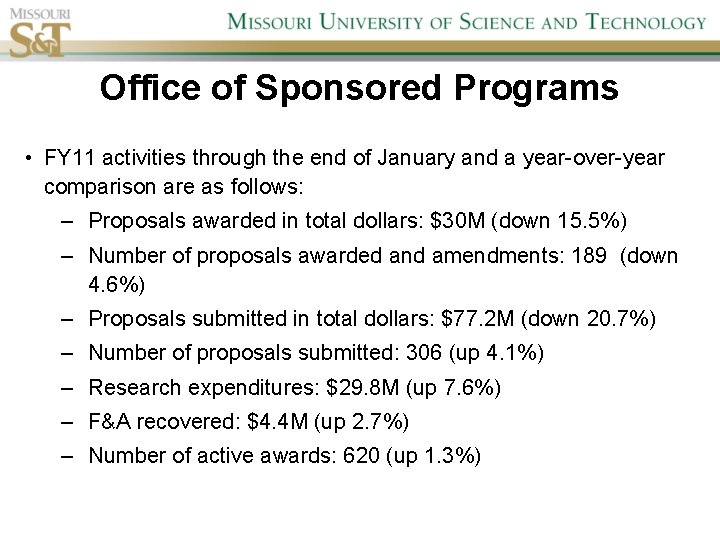 Office of Sponsored Programs • FY 11 activities through the end of January and