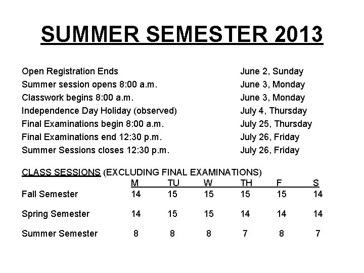 SUMMER SEMESTER 2013 Open Registration Ends Summer session opens 8: 00 a. m. Classwork