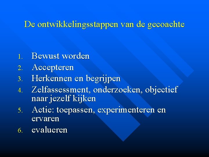 De ontwikkelingsstappen van de gecoachte 1. 2. 3. 4. 5. 6. Bewust worden Accepteren