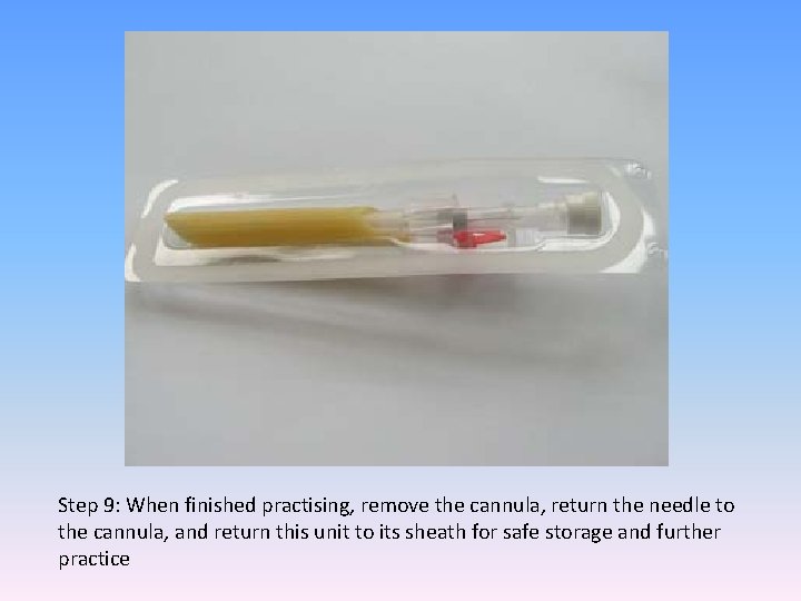 Step 9: When finished practising, remove the cannula, return the needle to the cannula,