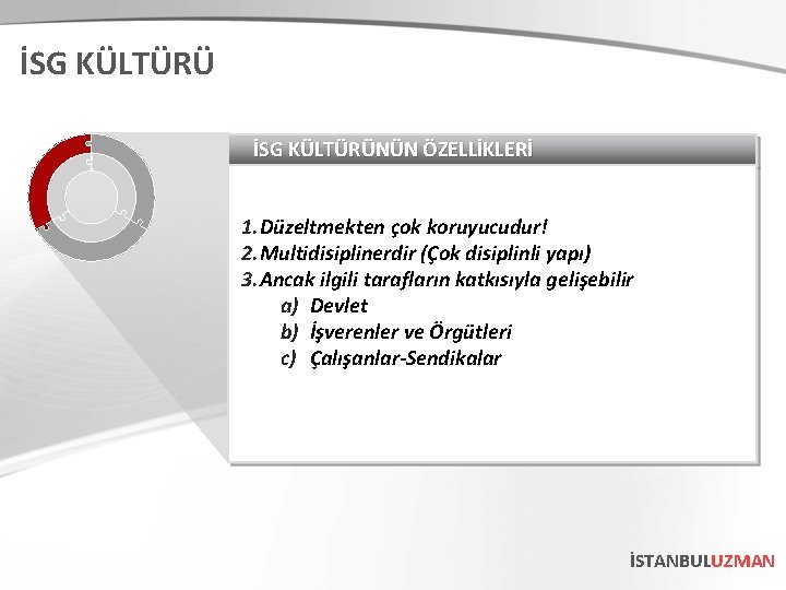 İSG KÜLTÜRÜNÜN ÖZELLİKLERİ 1. Düzeltmekten çok koruyucudur! 2. Multidisiplinerdir (Çok disiplinli yapı) 3. Ancak