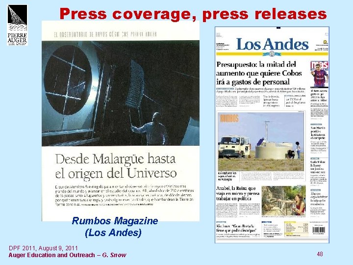 Press coverage, press releases Rumbos Magazine (Los Andes) DPF 2011, August 9, 2011 Auger